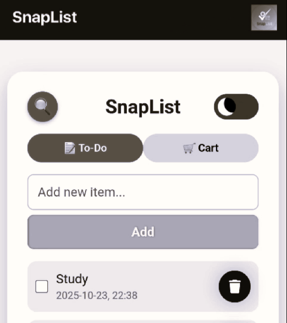 SnapList — Task and shopping list web app with dark mode and LocalStorage